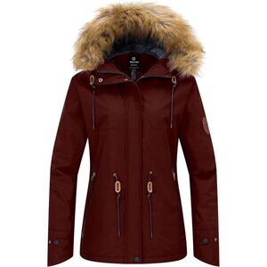 Women's Waterproof Wine Red Snow Ski Jacket Hooded Coat Snowboarding Fleece